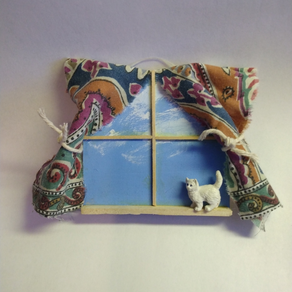 Cat in window art/mixed media wood